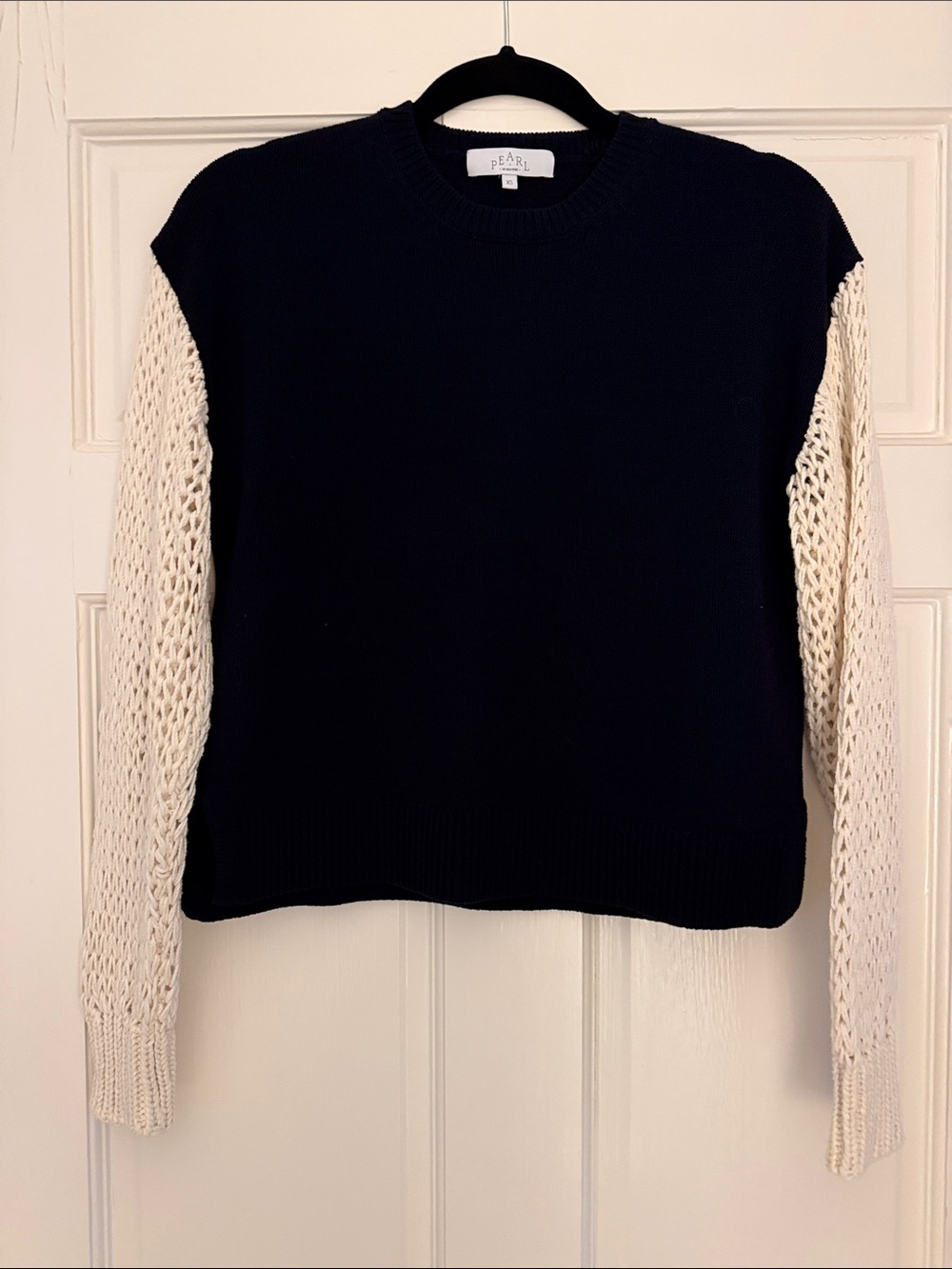 Pearl Navy BlueCrewneck Sweater with Cream Open-Knit Sleeves